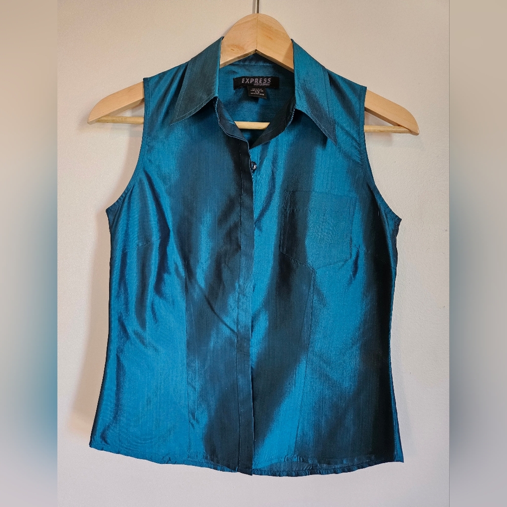 Express size XS 100% silk Blouse button up teal blue vintage office